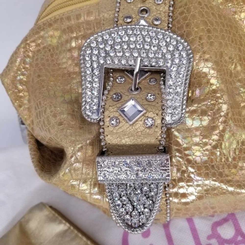 CHARM & LUCK LEATHER GOLD CRYSTAL JEWELED HANDBAG - Picture 6 of 11